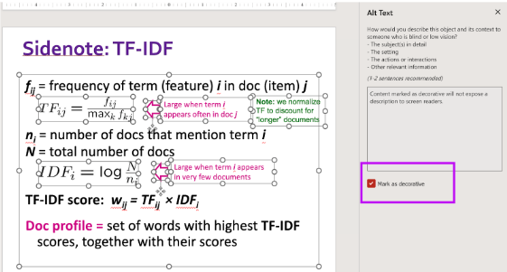 Screen shot showing the red "Mark as decorative" checkbox selected.